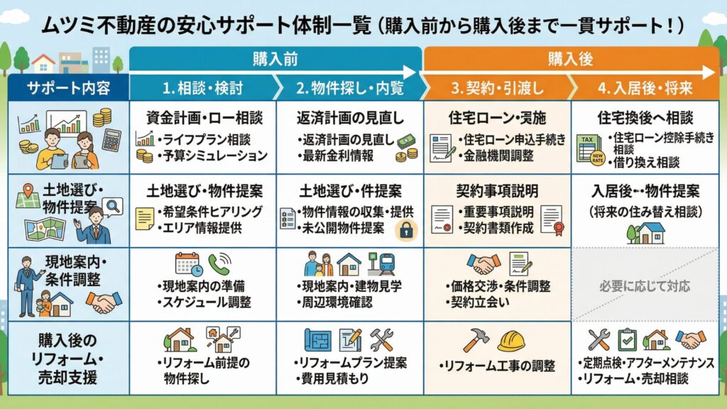 ムツミ不動産のサポート体制一覧（購入前から購入後まで一貫サポート！）