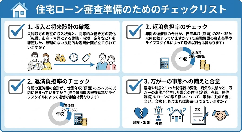 住宅ローン審査準備のチェックリスト夫婦双方の収入状況と、将来的な働き方の変化を想定した返済計画か
返済額が年収の25〜35%以内に収まっているか
離婚や別居といった事態が発生した場合の対応について、事前に話し合えているか