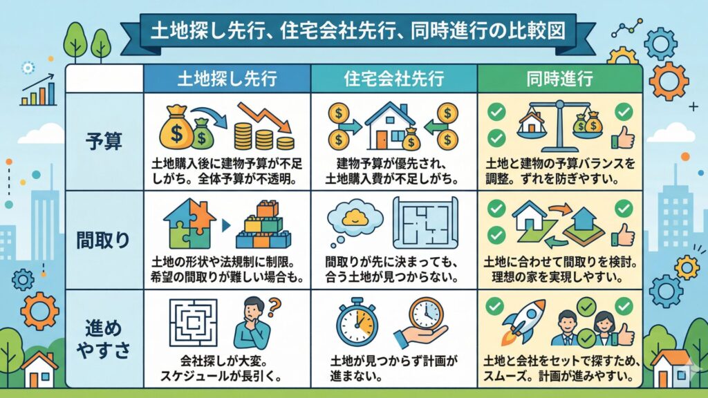 土地探し先行、住宅会社先行、同時進行の比較図