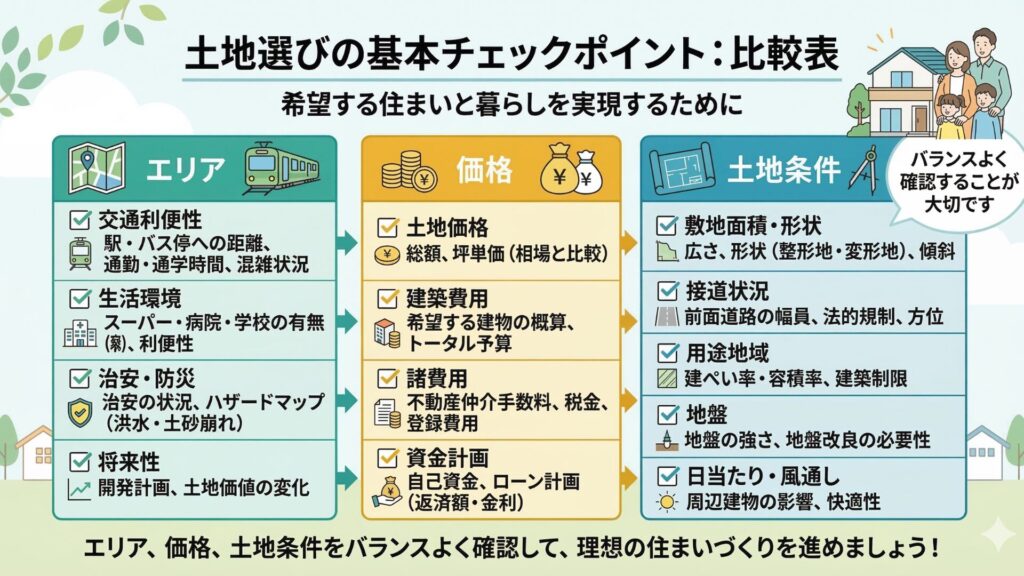 土地選びのチェックポイント：比較表