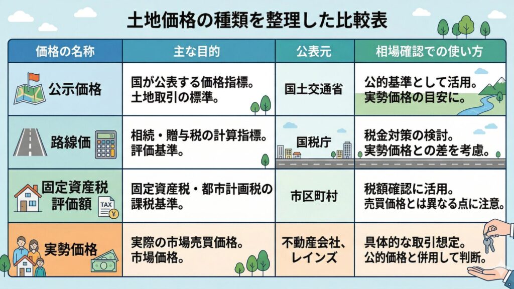 土地価格の種類を整理した比較表