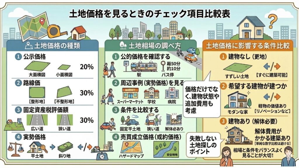 土地価格を見るときのチェック項目比較表