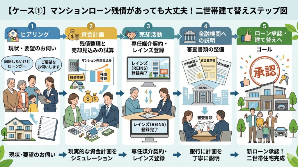 マンションローン残債があっても大丈夫！二世帯建て替えステップ図