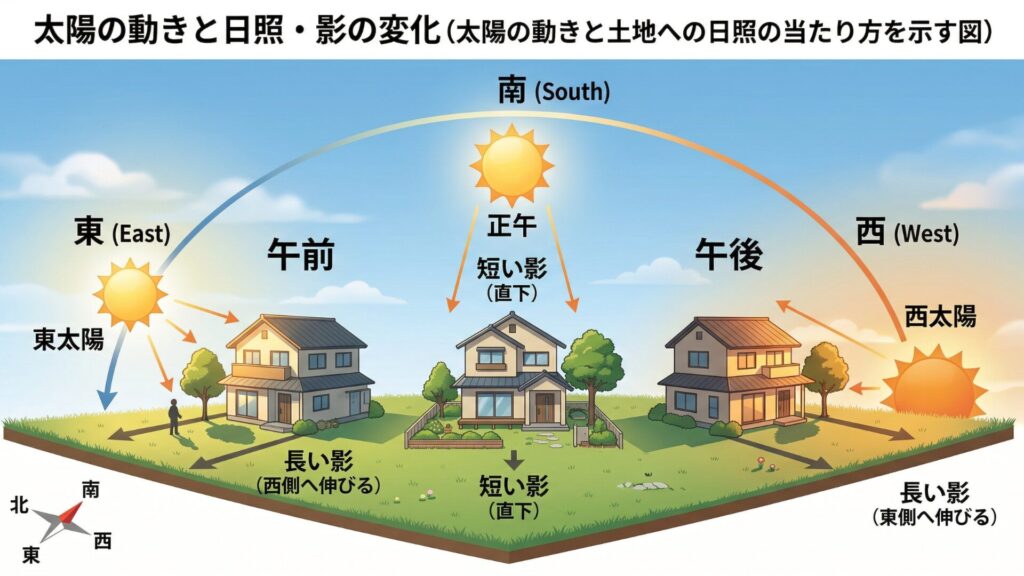 太陽の動きと日照・影の変化（太陽の動きと土地への日照の当たり方を示す図）