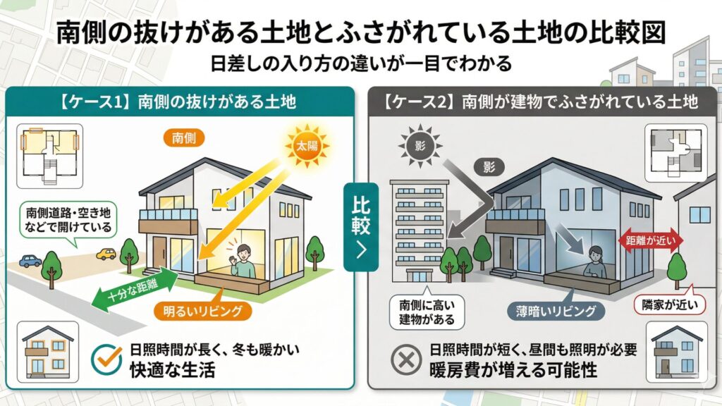 南側の抜けがある土地とふさがれている土地の比較図