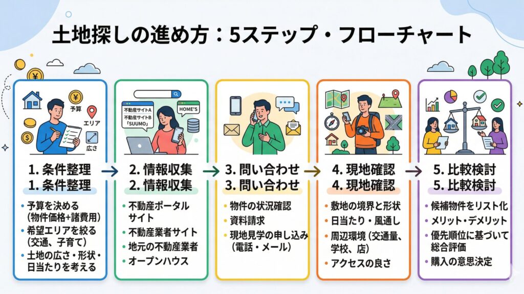 土地探しの進め方：5ステップ・フローチャート
