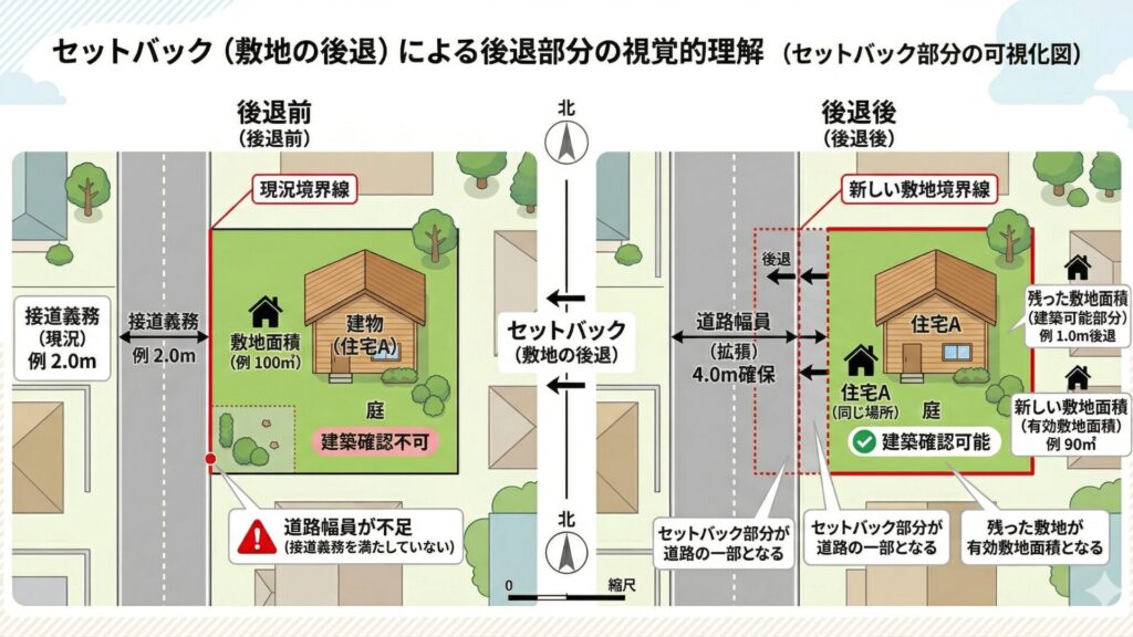 セットバック（敷地の後退）による後退部分の視覚的理解（セットバック部分の可視化図）