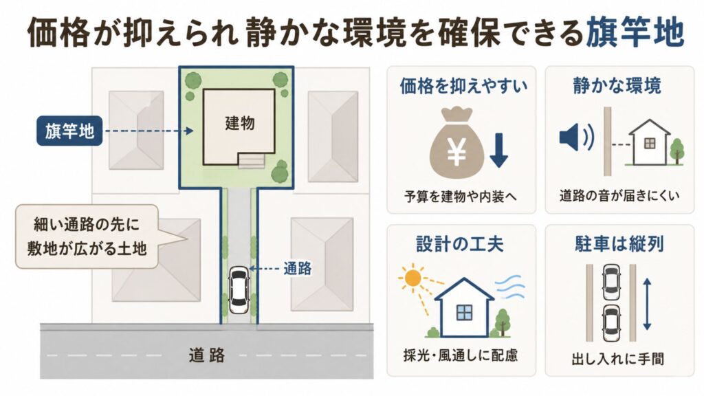 価格が抑えられ静かな環境を確保できる旗竿地