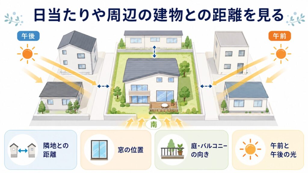 日当たりや周辺の建物との距離を見る