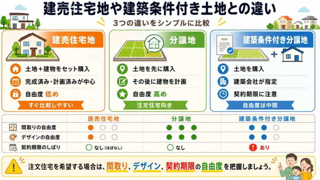 建売住宅地や建築条件付き土地との違い