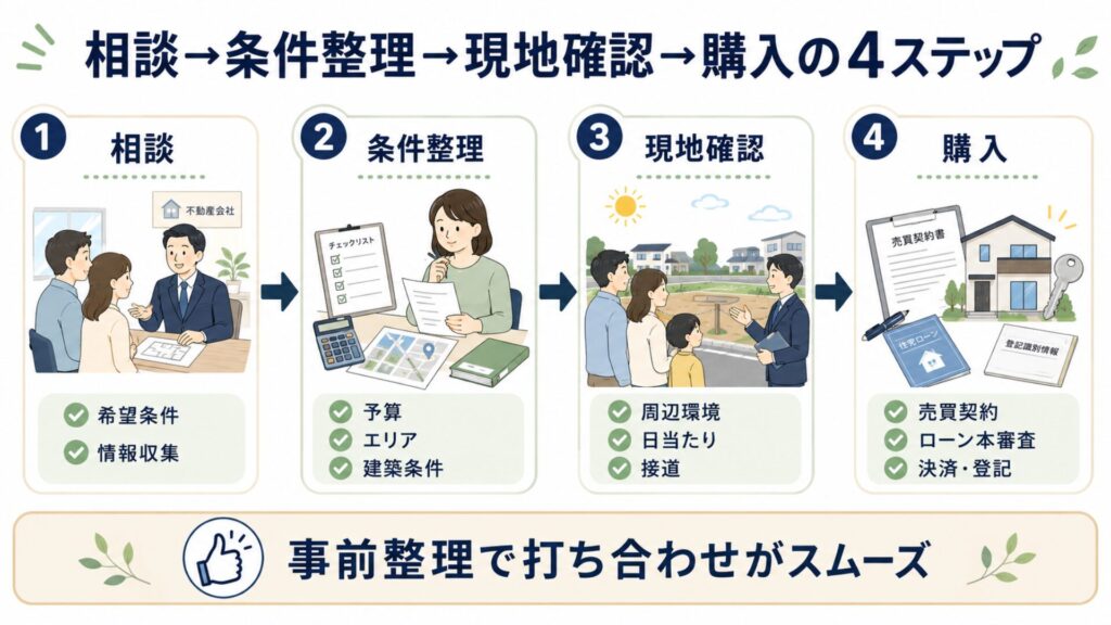 相談→条件整理→現地確認→購入の4ステップ