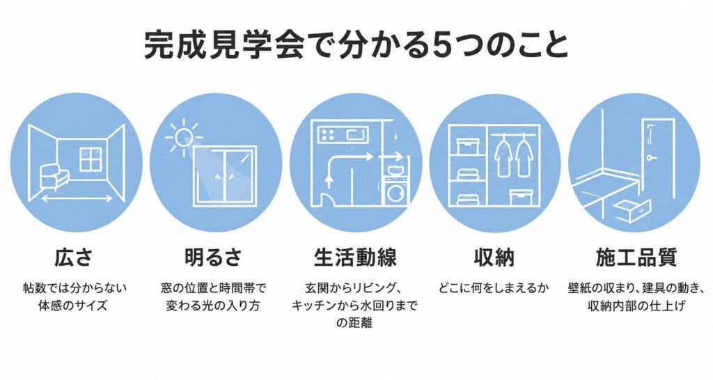 完成見学会で分かる5つのこと（広さ／明るさ／生活動線／収納／施工品質）