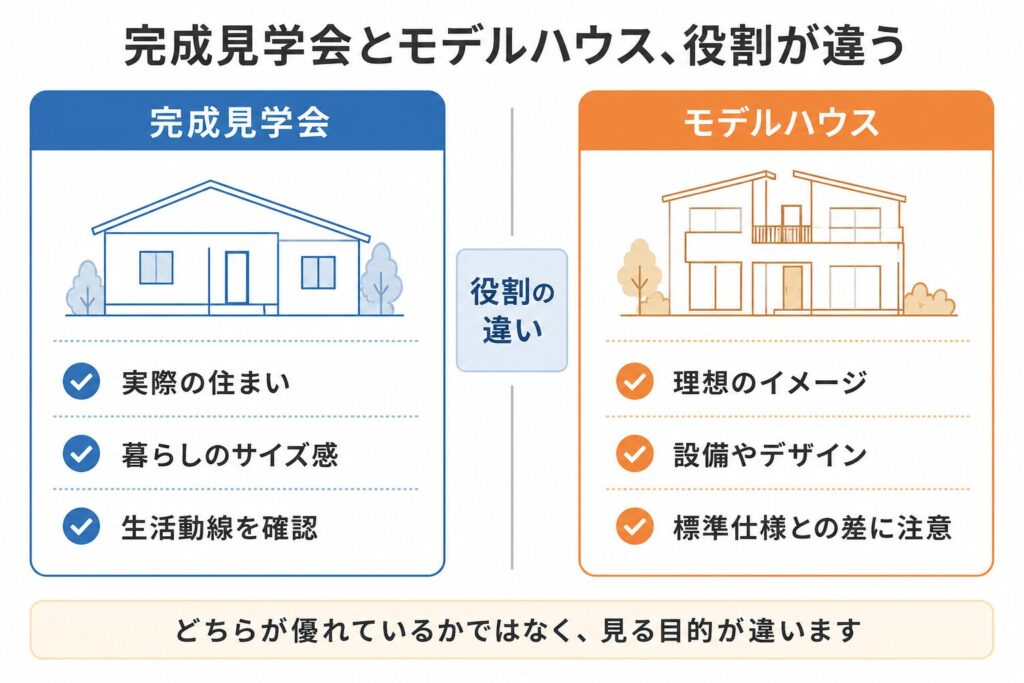 完成見学会とモデルハウスの違い（左：完成見学会＝実際の住まい／暮らしのサイズ感／生活動線を確認、右：モデルハウス＝理想のイメージ／設備やデザイン／標準仕様との差に注意）