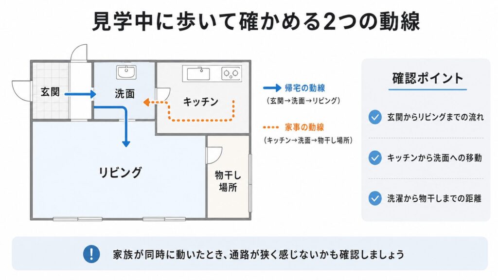 玄関、キッチン、洗面をつないだ生活動線チェック図
