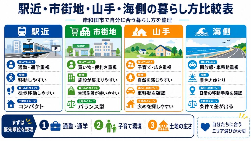 駅近・市街地・山手・海側の暮らし方比較表