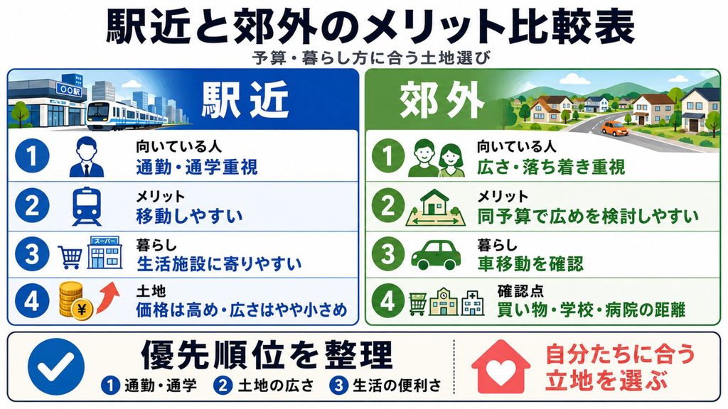 駅近と郊外のメリット比較表